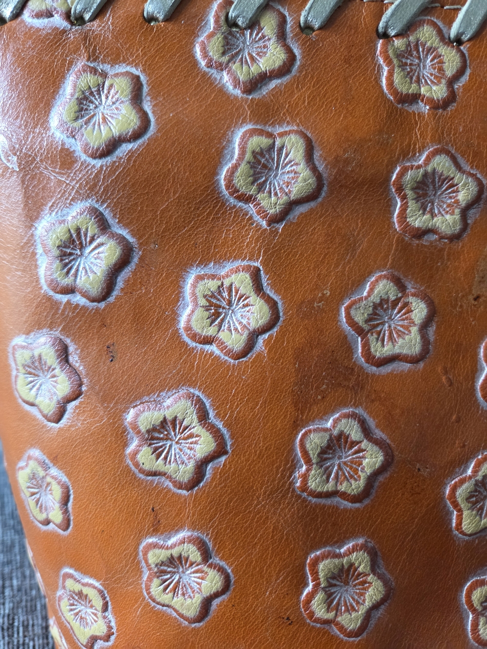 PULICATI Orange Floral Embossed Leather Bucket Bag with Gold Drawstring - Picture 7 of 13